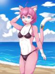 2016 3:4 accessory anthro beach bikini blue_eyes breasts clothing cloud detailed_background domestic_cat felid feline felis female foxteru fur furgonomics hair hi_res jewelry looking_at_viewer mammal navel open_mouth outside pink_body pink_fur pink_hair pink_nose ring sand seaside sky solo standing swimwear tail tail_accessory tail_jewelry tail_ring water white_body white_fur