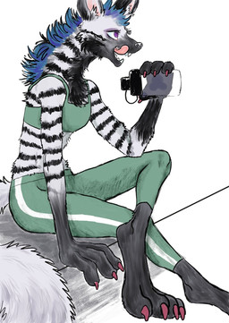 anthro athletic_wear barefoot black_body black_fur blue_hair bottle bottomwear bra breasts claws clothed clothing colored_nails container feet female fur grey_body grey_fur hair licking licking_lips licking_own_lips markings nails open_mouth pants paws purple_eyes simple_background sitting solo sports_bra sportswear stripes teeth toes tongue tongue_out underwear water_bottle yoga_pants kyokyota quito_(kyokyota) hyena mammal striped_hyena 2019 hi_res