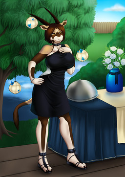 2_toes anthro big_breasts biped bracelet breasts brown_hair choker clothing curvy_figure detailed_background dress feet female flower footwear hair hand_on_hip hooves horn jewelry lamp lantern mature_anthro mature_female multicolored_body necklace paper_lantern plant plantigrade sandals shoes short_hair solo standing tail toes ajna adebola_melesi antelope bovid gemsbok grazing_antelope mammal oryx hi_res