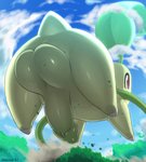 backsack balls butt chikorita cloud diacordst dust feral forced_perspective generation_2_pokemon genitals glans green_balls green_glans green_penis hi_res humanoid_genitalia humanoid_penis jumping male missing_anus nintendo penis plant pokemon pokemon_(species) red_eyes solo tree vines