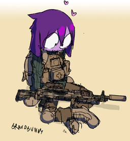 :3 ambiguous_gender anthro bottomwear brown_bottomwear brown_clothing brown_pants clothed clothed_ambiguous clothing fully_clothed fully_clothed_ambiguous gun hair looking_at_gun military_uniform pants purple_ears purple_hair ranged_weapon solo uniform weapon bravobunny bravo_(bravobunny) lagomorph leporid mammal rabbit full-length_portrait portrait