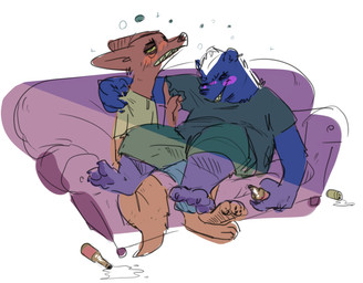 alcohol anthro beverage blush bottle clothed clothing container drunk duo female gesture hand_gesture male sitting substance_intoxication nobby_(artist) disney zootopia honey_badger_(zootopia) nick_wilde badger canid canine fox honey_badger mammal mustelid musteline red_fox true_fox hi_res