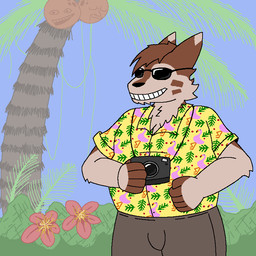aloha_shirt anthro brown_body brown_fur bulge camera chest_tuft clothing coconut drupe_(fruit) eyewear flower food fruit fur grass hibiscus holding_object male multicolored_body multicolored_fur outside palm_tree pattern_clothing pattern_shirt pattern_topwear plant shirt slightly_chubby smile solo sunglasses tan_body tan_fur topwear tree tropical tuft vines wackythesilly nintendo pokemon tadeo_saffron animate_inanimate furret generation_2_pokemon pokemon_(species) 1:1