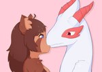 anthro blue_eyes duo female horn kiss_on_lips kissing male pink_background red_eyes simple_background stare staring_into_eyes detsu stinky_the_dragon absurd_res digital_drawing_(artwork) digital_media_(artwork) hi_res