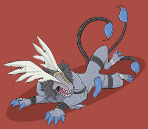 animal_genitalia animal_penis blue_genitals eyeless feral genitals male multi_tail penis solo tail championwhoops_(artist) bandai_namco digimon digimon_(species) manticoremon hi_res