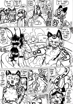 anthro bath bedroom bikini breasts butt cleavage clothed clothing exclamation_point female group hotel male nipples nude smile smirk swimwear text two-piece_swimsuit undressing daigaijin furryfight_chronicles mikey_roo nyarai_(furryfight_chronicles) cheetah felid feline kangaroo macropod mammal marsupial english_text hi_res monochrome
