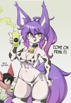 animal_print anthro big_breasts black_hair breasts clothing cow_print duo fangs female fingernails fur green_eyes green_tongue grey_background hair hand_on_hip hand_on_own_hip jacket male nails navel open_mouth poison purple_hair roy_(lucyfercomic) sharp_fingernails sharp_nails simple_background smile teeth text tongue topwear white_body white_fur lucyfercomic hiel_(lucyfer) bat canid canine canis humanoid mammal wolf absurd_res english_text hi_res