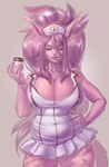 anthro big_breasts bottomwear breasts cleavage clothed clothing colored_nails costume female fishnet_clothing fishnet_legwear fur grey_eyes hair humanoid_face legwear lips long_hair looking_at_viewer mature_female nails navel nipple_outline nurse_clothing nurse_uniform pink_body pink_fur pink_hair pink_lips pink_nails simple_background skirt smile solo tight_clothing uniform wide_hips didihell hollandworks esh domestic_cat felid feline felis mammal 2023 hi_res