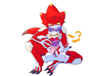 anthro duo evolutionary_family horn hug hugging_another hugging_from_behind kerchief male neckerchief neckwear red_body scarf white_body yellow_eyes oko_konoko2 bandai_namco digimon betelgammamon digimon_(species) gammamon scalie hi_res