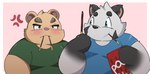 angry anthro belly blush brown_body clothing duo food grey_body kemono male overweight overweight_male shirt simple_background topwear kusosensei pocky inigo_(kusosensei) bear mammal 2023 hi_res