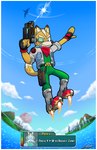 anthro arwing blaster_pistol body_of_water boots border clothing footwear male mountain rocket_boots shoes sky solo text white_border gsvproductions nintendo star_fox fox_mccloud canid canine fox mammal absurd_res english_text hi_res