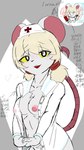 blonde_hair breasts clothed clothing d:> female hair medical_instrument medicine mouse_tail partially_clothed scientific_instrument simple_background solo text yellow_eyes wolfninecloud_furb terrible_mouse lorna_(terrible_mouse) humanoid mammal murid murine rodent 9:16 chinese_text greyscale hi_res monochrome