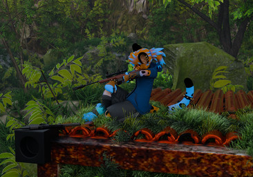 black_sclera blue_body blue_fur blue_highlights bottomwear bracelet clothing forest forest_background fur gun highlights_(coloring) hoodie jewelry nature nature_background orange_body orange_eyes orange_fur plant ranged_weapon rifle shorts sitting sniper_rifle spiked_bracelet spikes topwear tree weapon x1x_riptide riptide_(x1x_riptide) felid feline leopardus mammal mayu_(azuki) ocelot 3d_(artwork) blender_(artwork) blender_cycles_(artwork) digital_media_(artwork) hi_res