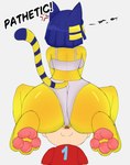 big_butt bra breasts butt clothing duo facesitting female male male/female pawpads paws sitting_on_another speech_bubble tail thick_thighs underwear mrazel animal_crossing nintendo ankha_(animal_crossing) villager_(animal_crossing) absurd_res hi_res