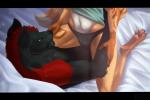 anthro black_body black_fur blue_eyes claws clothing duo fluffy fluffy_tail fur hair male markings multicolored_body multicolored_fur on_top orange_body orange_fur panties red_body red_fur sitting tail underwear volpine deeless fuzzyorangehead canid canine canis fox mammal wolf 2017 digital_media_(artwork) hi_res