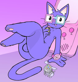 anthro balls big_penis biped blush erection eyewear fur genitals glasses gradient_background hair humanoid_genitalia humanoid_penis legs_up looking_at_viewer male multicolored_eyewear nude open_mouth pawpads penis purple_body purple_fur purple_hair purple_tail reclining simple_background solo tail whiskers x-ray_view youtuber neko3240 game_boy game_boy_family kkclue nintendo tamagotchi kaykay_(kkclue) domestic_cat felid feline felis idog mammal 2025 digital_media_(artwork) hi_res