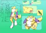 2010 anthro armwear art-act bandai_namco berry black_sclera bridal_gauntlets clothing digimon digimon_(species) eyes_closed female food forest fruit leaf magic obese obese_anthro obese_female open_mouth overweight overweight_anthro overweight_female plant renamon rock solo transformation tree weight_gain yawn