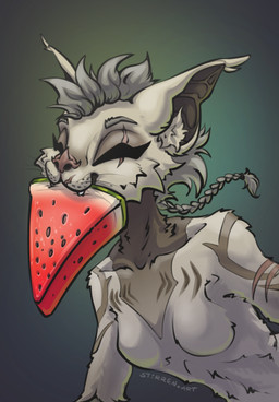 abstract_background anthro braided_hair eye_scar eyes_closed facial_scar fangs female food fruit hair markings melon plant scar solo teeth watermelon watermelon_slice stirren chimera hi_res portrait