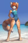 anthro arm_tuft beach blue_clothing blue_eyes blue_swimwear bob_cut breasts butt butt_from_the_front camel_toe clothed clothing dipstick_tail female fluffy fluffy_tail freckled_face freckles fur hair hand_behind_head hand_on_hip inner_ear_fluff looking_at_viewer markings navel_outline one-piece_swimsuit orange_body orange_fur orange_hair paws pink_nose seaside shoulder_tuft slim small_breasts solo striped_body striped_fur stripes swimwear tail tail_markings tight_clothing tuft water iskra totesfleisch8 vera_(iskra) felid feline mammal 2023 2:3 artist_collaboration digital_media_(artwork)