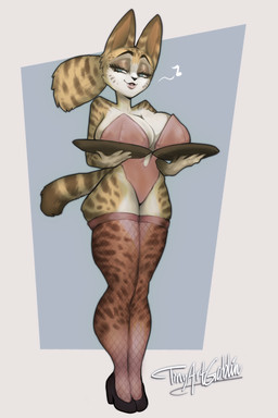 anthro big_breasts black_clothing black_footwear black_high_heels breasts brown_body brown_fur clothing female fishnet_clothing fishnet_legwear footwear fur high_heels legwear leotard looking_aside markings musical_note musical_symbol pink_clothing pink_leotard shoes small_waist smile solo spots spotted_body standing symbol tail thick_thighs wide_hips tinyartgoblin felid mammal 2024 2:3 hi_res