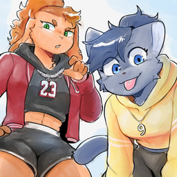 5_fingers abs anthro athletic_wear black_bottomwear black_clothing black_hoodie black_shorts black_topwear blue_ears blue_eyes blue_tail bottomwear breasts brown_eyebrows brown_hair chain_necklace clothed clothed_anthro clothed_female clothing cropped_hoodie duo ear_piercing eye_through_hair eyebrows female female_anthro fingers floppy_ears front_view fur green_eyes grey_bottomwear grey_clothing grey_hoodie grey_shorts grey_topwear hair hoodie jacket jewelry letterman_jacket lop_ears low-angle_view midriff muscular muscular_anthro muscular_female narrowed_eyes necklace piercing pink_tongue ponytail shorts tail tan_body tan_fur thick_thighs tied_hair tongue tongue_out topwear translucent translucent_hair white_sclera yellow_clothing yellow_hoodie yellow_topwear conditional_dnp sonokido ventura_city_drifters alina_scratch emily_lang domestic_cat felid feline felis lagomorph leporid mammal rabbit russian_blue 1:1 2025 digital_media_(artwork) english_description hi_res
