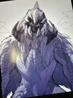 ambiguous_gender armored_body feral fur glare_(lighting) grey_horn hair hair_over_shoulder horn looking_at_viewer muscular photo scales simple_background solo spikes spikes_(anatomy) standing teeth_showing waist white_background white_body white_fur white_hair white_spikes lan_rizardon capcom monster_hunter arkveld flying_wyvern scalie 2026 3:4 colored digital_media_(artwork) hi_res shaded sketch