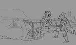 anthro armor battle blood bodily_fluids cliff cornered duel duo male melee_weapon outside sea ship sword vehicle water watercraft weapon wounded zweihander revertigo reynard_the_fox ysengrin canid canine canis fox mammal wolf 5:3 absurd_res hi_res monochrome