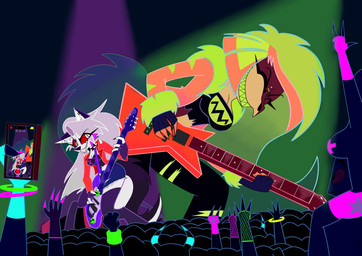absolute_territory anthro big_breasts black_bottomwear black_clothing black_shorts black_topwear bottomwear bracelet breasts carrying_another cellphone cleavage clothed clothed_anthro clothed_female clothing collar concert crowd devil_horns_(gesture) duo electric_guitar electronics eyes_closed female fingerless_gloves fist gesture gloves glowing_accessory green_hair grin group guitar guitar_pick hair hand_gesture handwear highlights_(coloring) holding_cellphone holding_object holding_phone holding_smartphone horn jacket jewelry legwear midriff musical_instrument nipple_tape on_shoulders on_stage pasties performing phone pink_clothing pink_highlights pink_jacket pink_topwear plucked_string_instrument pupils raised_arms recording_video red_clothing red_jacket red_sclera red_topwear sharp_teeth shorts size_difference slit_pupils smartphone smile spiked_collar spikes spotlight_beam sticker string_instrument striped_horn stripes tape teeth thigh_highs topwear white_eyes white_hair starpaintart hazbin_hotel hellaverse helluva_boss mythology loona_(helluva_boss) zeezi_(hazbin_hotel) canid canid_demon canine demon dinosaur hellhound humanoid imp mammal mythological_canine mythological_creature prehistoric_species reptile scalie succubus 2024 absurd_res hi_res