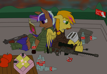 alternate_universe armor bottle brown_body brown_fur container duo female fur green_eyes gun horn purple_eyes ranged_weapon rifle rooftop shotgun sniper_rifle survival wasteland weapon wings yellow_body yellow_fur foxtrotarts fallout fallout_equestria friendship_is_magic hasbro microsoft my_little_pony mythology fan_character night_letter_(mlp) obsolete_tech_(mlp) equid equine horse mammal mythological_creature mythological_equine pegasus pony unicorn absurd_res hi_res
