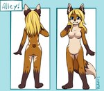 anthro blonde_hair blue_eyes breasts brown_body brown_fur brown_nose dipstick_ears ear_markings featureless_breasts featureless_crotch female front_view fur glistening glistening_eyes gloves_(marking) hair inner_ear_fluff leg_markings long_hair looking_at_viewer markings mouth_closed multicolored_ears nude rear_view socks_(marking) solo standing tan_body tan_fur tan_inner_ear_fluff tuft riddlr alley_(riddlr) canid mammal full-length_portrait model_sheet portrait signature