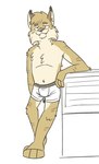 2019 anthro barefoot bobcat boxer_briefs brown_nose clothed clothing feet felid feline fur half-closed_eyes heyitscousindave hi_res jack_(heyitscousindave) leaning_on_object lynx male mammal narrowed_eyes simple_background smile solo tan_body tan_fur teeth_showing topless underwear underwear_only white_background white_boxer_briefs white_clothing white_underwear