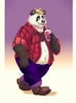 anthro belly black_body black_fur bottomwear clothing fur humanoid_hands male overweight overweight_anthro overweight_male pants shirt simple_background solo topwear white_body white_fur spazz_bear bear giant_panda mammal 2018 hi_res