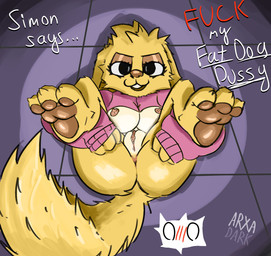 anthro anus bedroom_eyes bodily_fluids bottomless breasts butt clothed clothing clothing_lift feet female foot_focus fur genital_fluids genitals glistening glistening_butt jacket jacket_only looking_at_viewer narrowed_eyes pawpads paws presenting presenting_anus presenting_vulva requesting seductive sex_request shirt shirt_lift shocked solo tail talking_to_viewer topwear topwear_only vaginal_fluids vulva yellow_body yellow_fur arxadark mazingsand football_(mazingsand) canid canine canis domestic_dog mammal hi_res watermark