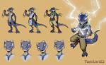 anthro blue_body blue_scales claws clothed clothing electricity energy glowing glowing_eyes holding_object horn jewelry magic magic_user male multiple_poses necklace nude pose scales scarf shirt simple_background smile solo spell standing topwear tunic tamlin123 dungeons_and_dragons hasbro wizards_of_the_coast cerulean_(vonboomslang) kobold reptile scalie bust_portrait expression_sheet full-length_portrait multiple_versions portrait