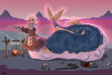 after_vore armor belly big_belly blonde_hair blue_body clothing death female female_pred gloves group hair handwear headgear helmet lake larger_pred multiple_prey outside size_difference split_form vore 4kkc humanoid marine merfolk 2022 absurd_res hi_res