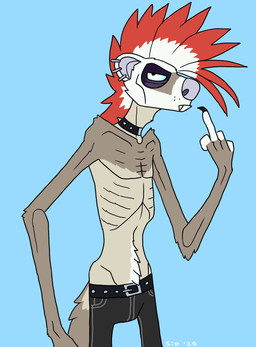 4_fingers alternative_fashion annoyed anthro belt biped black_bottomwear black_clothing black_eyelids black_nails black_pants blue_background blue_eyes bottomwear choker clothed clothing colored_nails denim denim_bottomwear denim_clothing ear_piercing emaciated fingers fur gesture hand_gesture highlights_(coloring) jeans jewelry looking_at_viewer male middle_finger mohawk multicolored_body nails necklace pants piercing punk red_highlights ribs sharp_teeth simple_background skinny skinny_anthro skinny_male solo standing studs teeth topless topless_male tuft punkrockvampire jarvis_(punkrockvampire) domestic_ferret mammal mustelid musteline true_musteline weasel 2025 portrait signature three-quarter_portrait