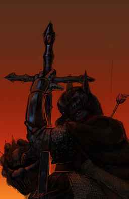 anthro armor arrow_(weapon) blood blood_on_face blue_eyes bodily_fluids chainmail clothing duke_(xonn) fur gauntlets glistening glistening_body glistening_fur gloves handwear head_wound headgear helmet male melee_weapon ranged_weapon solo sword weapon xonn canid canine canis domestic_dog mammal schnauzer hi_res