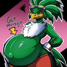 aftermath angry annoyed anthro beak belly big_belly blue_eyes bottomwear bubble_butt butt chest_fur clenched_teeth clothed clothing directional_arrow feathers furrowed_eyebrows green_body hand_on_belly hand_on_hip looking_at_viewer male navel navel_outline outie_navel pants pregnant pregnant_male scribbles sweatpants tail teeth text thick_thighs topless topless_male doeswhatever sega sonic_riders sonic_the_hedgehog_(series) jet_the_hawk accipitrid accipitriform avian bird 1:1 2026 absurd_res english_text hi_res