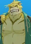 anthro big_fangs clothed clothing fangs fur green_eyes hair hoodie male musclegut muscular muscular_male navel open_clothing open_hoodie open_topwear pecs ponytail solo stripes tan_body tan_fur teeth topwear yellow_body yellow_fur wani_jima lifewonders tokyo_afterschool_summoners macan_(tas) felid mammal pantherine tiger hi_res