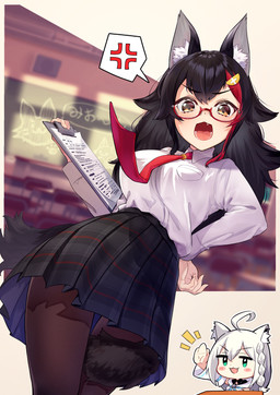 5_fingers accessory ahoge bar_emanata big_breasts black_body black_ears black_fur black_hair black_tail bottomwear braided_hair breasts chair chalkboard chibi classroom clipboard clothed clothing cross-popping_vein cute_fangs depth_of_field desk duo emanata eyewear fangs female female_humanoid fingers fur furniture glasses green_eyes hair hair_accessory hand_on_hip holding_clipboard holding_object iconography information_board inner_ear_fluff legwear long_hair looking_at_viewer multicolored_hair necktie open_mouth red_hair school school_uniform shirt skirt solo_focus speech_bubble stockings table tail tail_between_legs teeth text thick_thighs thigh_gap tongue topwear tuft uniform wearing_glasses white_body white_ears white_fur white_hair wide_hips narita_tamezou hololive vtuber ookami_mio shirakami_fubuki animal_humanoid canid canid_humanoid canine canine_humanoid fox_humanoid humanoid mammal mammal_humanoid wolf_humanoid 2020 digital_media_(artwork) hi_res japanese_text translated