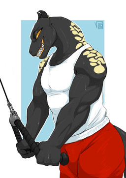 anthro athletic bodily_fluids bottomwear claws clothing dark_body exercise furgonomic_piercing furgonomics horn horn_piercing male markings muscular muscular_anthro muscular_arms muscular_male orange_sclera piercing shirt shorts showing_off_muscles showing_teeth solo sportswear sweat sweatdrop tank_top topwear tricep_pushdown triceps yellow_eyes yellow_markings kokol115 varallo_ballade komodo_dragon lizard monitor_lizard reptile scalie absurd_res hi_res