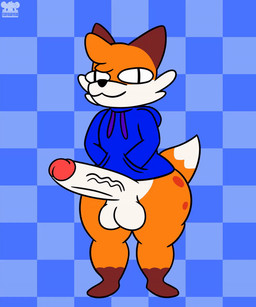 anthro balls big_balls big_penis butt checkered checkered_background clothing cross-eyed freckled_butt freckles genitals hoodie huge_penis male pattern_background penis shortstack shortstack_male simple_background solo thick_thighs toony topwear teddydeadybear soups_(superiorfox) canid canine fox mammal 2d_animation 5:6 animated animated_gif digital_media_(artwork) loop short_playtime