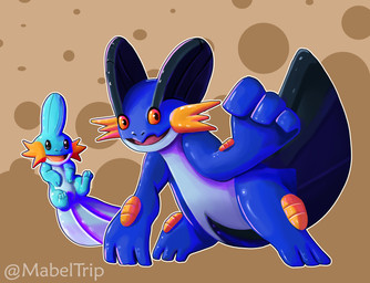 2_toes ambiguous_feral ambiguous_gender beady_eyes black_eyes blue_body blue_fin blue_skin brown_background duo feet feral fin head_fin larger_ambiguous light looking_at_viewer midair multicolored_body multicolored_skin open_mouth open_smile orange_eyes outline red_tongue simple_background size_difference smaller_ambiguous smaller_feral smile smiling_at_viewer standing tail tail_fin text toes tongue two_tone_body two_tone_skin white_outline mabel_trip nintendo pokemon generation_3_pokemon mudkip pokemon_(species) swampert 2019 artist_name colored digital_drawing_(artwork) digital_media_(artwork) english_description hi_res lighting shaded