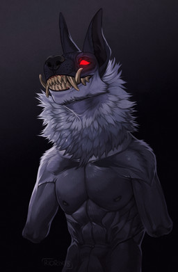 2_missing_limbs amputee anthro arm_tuft black_background black_body black_ears black_fur bodily_fluids cheek_tuft disability double_amputee drooling empty_eyes facial_tuft front_view fur glowing glowing_eyes grey_body grey_fur grin male missing_all_arms missing_arm muscular muscular_anthro muscular_male neck_tuft nude saliva saliva_on_chin shoulder_tuft simple_background smile solo standing tan_teeth teeth tuft riorix canid mammal 2018 dated half-length_portrait hi_res portrait signature