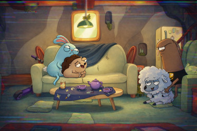 anthro chair coffee_table furniture group inside male male/male massage sofa table young gugleamo disney kiff_(series) barry_buns harry_buns mav_(kiff) trevor_angstrom bovid bovine caprine eulipotyphlan hedgehog lagomorph leporid mammal rabbit sheep 3:2