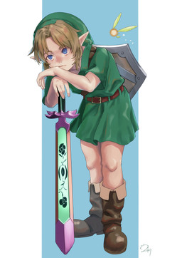 belt blonde_hair blue_eyes boots clothing duo footwear hair hat headgear headwear humanoid_pointy_ears light_body light_skin male melee_weapon not_furry pointy_ears shirt shoes simple_background sword topwear tunic weapon wings bwm_dagekiiizo nintendo ocarina_of_time the_legend_of_zelda navi young_link elf fairy humanoid hylian absurd_res hi_res
