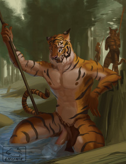 abs anthro balls blush bottomwear bottomwear_aside clothed clothing clothing_aside day detailed_background embarrassed erection forest fur genitals group humanoid_genitalia humanoid_penis jungle loincloth loincloth_aside looking_back male male/male melee_weapon muscular nipples open_mouth outside penis plant polearm pose river skimpy solo_focus spear stripes teeth tree tribal unwanted_erection water weapon chunie felid mammal pantherine tiger 2016 adobe_photoshop_(artwork) digital_media_(artwork) digital_painting_(artwork) hi_res painting_(artwork)
