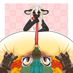 ambiguous_gender anthro big_diaper blue_body blue_feathers blush bodily_fluids claws clothed clothing collar diaper diaper_facesitting diaper_fetish diapered_dominant diapered_male duo facesitting feathered_crest feathers fur genital_fluids green_body green_feathers head_crest heart_symbol leash leash_pull leashed_collar male red_body red_feathers sheep_ears sitting_on_another smile unclean_diaper urine used_diaper using_diaper wearing_diaper wet_diaper wetting wetting_diaper wool_(fur) yellow_body yellow_feathers inkybinkydreamz alexian stella_(shapeshifter) bovid caprine dinosaur dromaeosaurid feathered_dinosaur feathered_scalie mammal prehistoric_species reptile saurischian scalie sheep theropod velociraptor 1:1 2025 digital_media_(artwork) hi_res