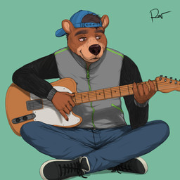 5_fingers anthro black_clothing black_footwear black_nose black_topwear blue_bottomwear blue_clothing blue_hat blue_headwear blue_pants bottomwear clothed clothing electric_guitar fingers footwear fully_clothed fur green_clothing green_topwear grey_clothing grey_topwear guitar hat headgear headwear holding_guitar holding_musical_instrument holding_object male multicolored_clothing multicolored_topwear musical_instrument pants playing_guitar playing_music plucked_string_instrument round_ears simple_background solo string_instrument topwear white_clothing white_footwear zipper rov bear mammal 1:1 hi_res