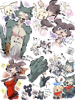 anthro black_body black_fur black_nose blue_eyes blush bodily_fluids brown_body brown_fur bulge chasing clothed clothing countershading dress eating female fighting_over_boy flower food fruit fur grey_body grey_fur group hand_holding male melanistic melon multicolored_body multicolored_fur plant running sniffing sweat sweatdrop tenting text watermelon white_body white_fur shirako beastars haru_(beastars) jack_(beastars) juno_(beastars) legoshi_(beastars) louis_(beastars) tao_(beastars) bird_dog canid canine canis cervine deer domestic_dog domestic_rabbit dwarf_rabbit felid hunting_dog labrador lagomorph leporid mammal netherland_dwarf_rabbit oryctolagus pantherine rabbit red_deer retriever wolf 2019 3:4 hi_res japanese_text